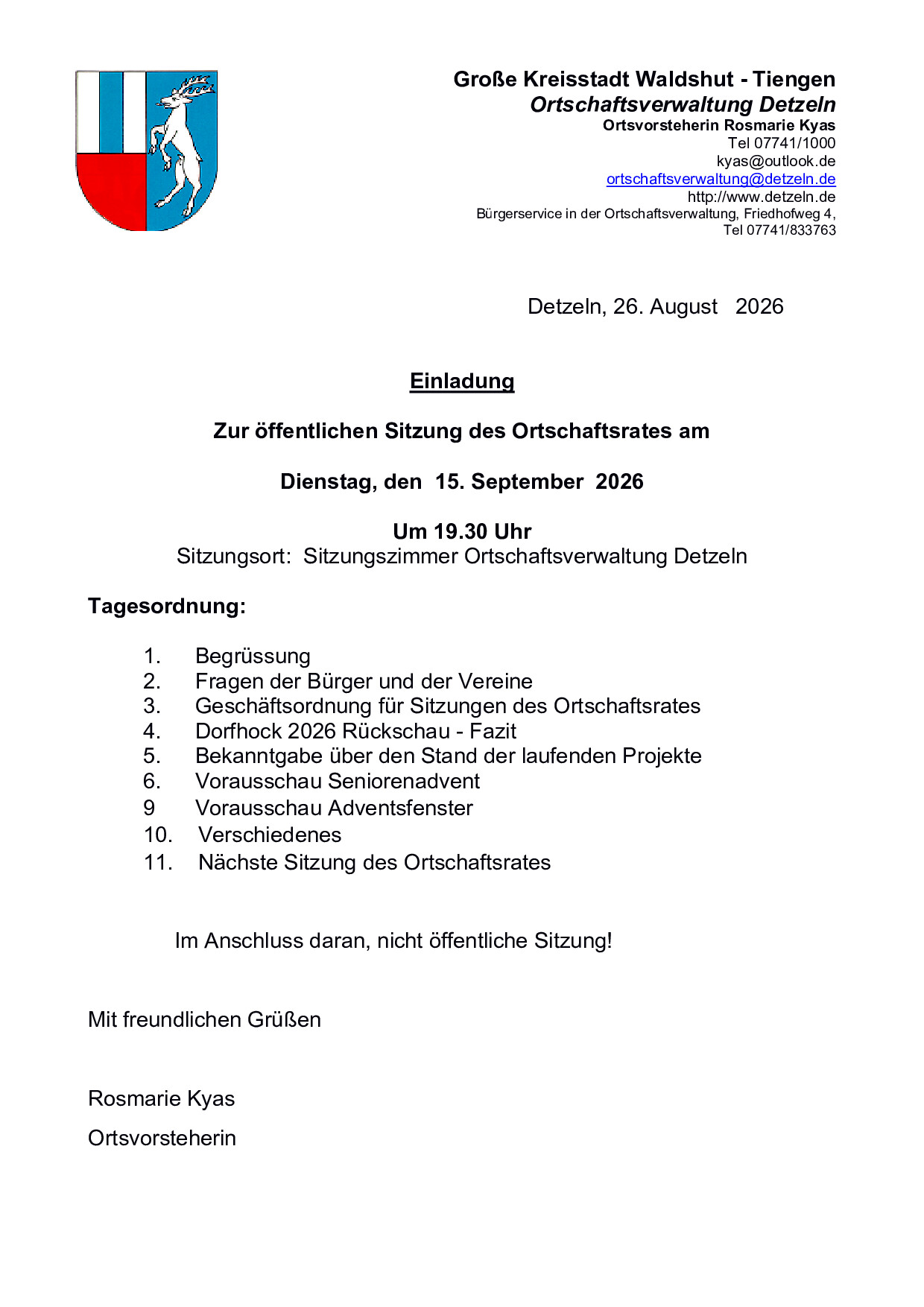 Öffentliche Sitzung des Ortschaftsrates am 15.09.2026