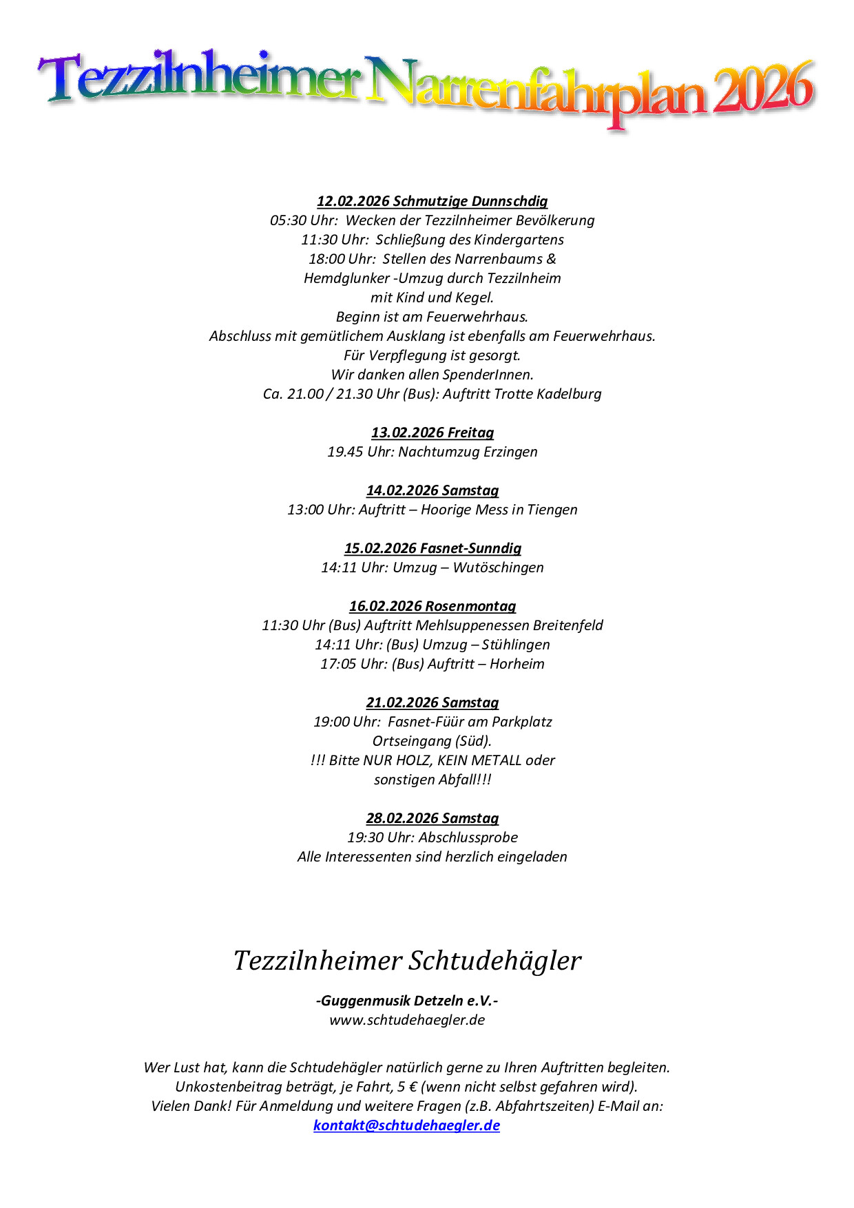 Tezzilnheimer Narrenfahrplan 2026